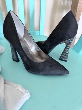 Nine West Black Suede Pointed Toe Heels with Rhinestone Block Heel
